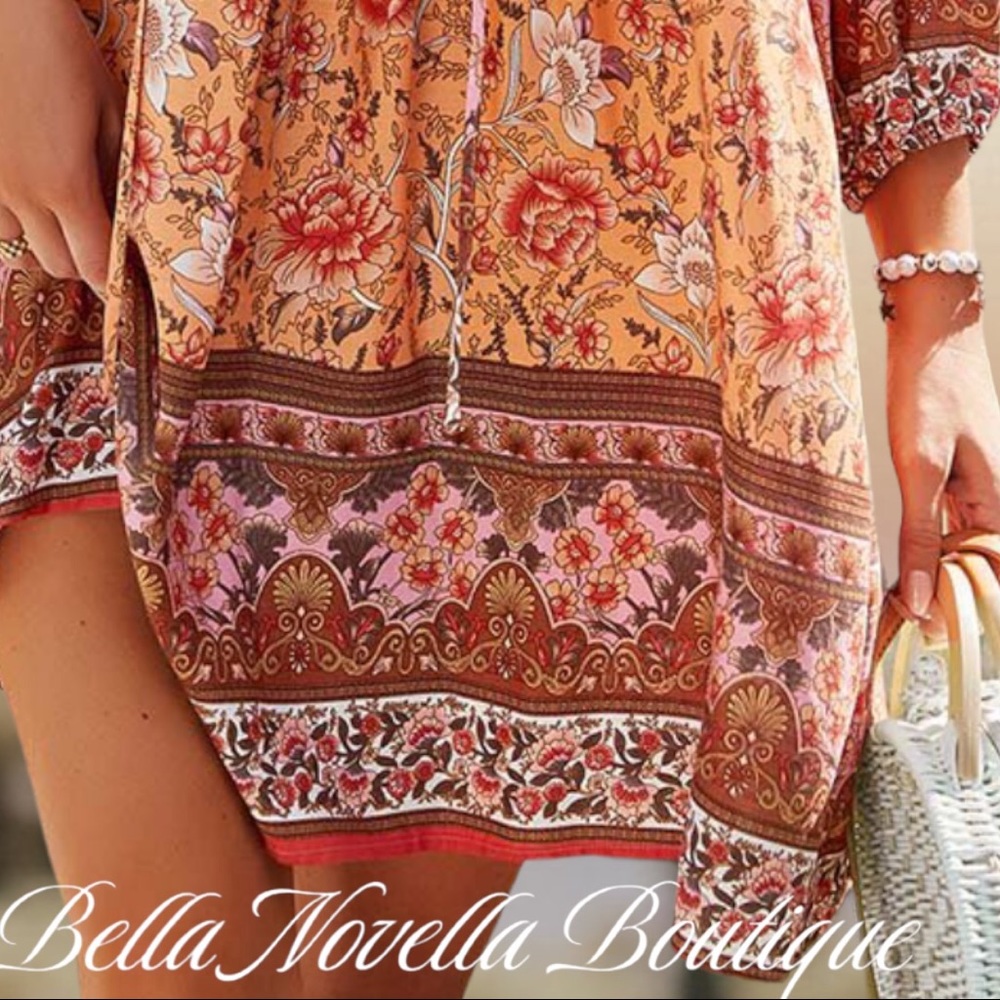 Boho Orange & Pink Floral V-Neck Peasant Dress - Picture 6 of 6